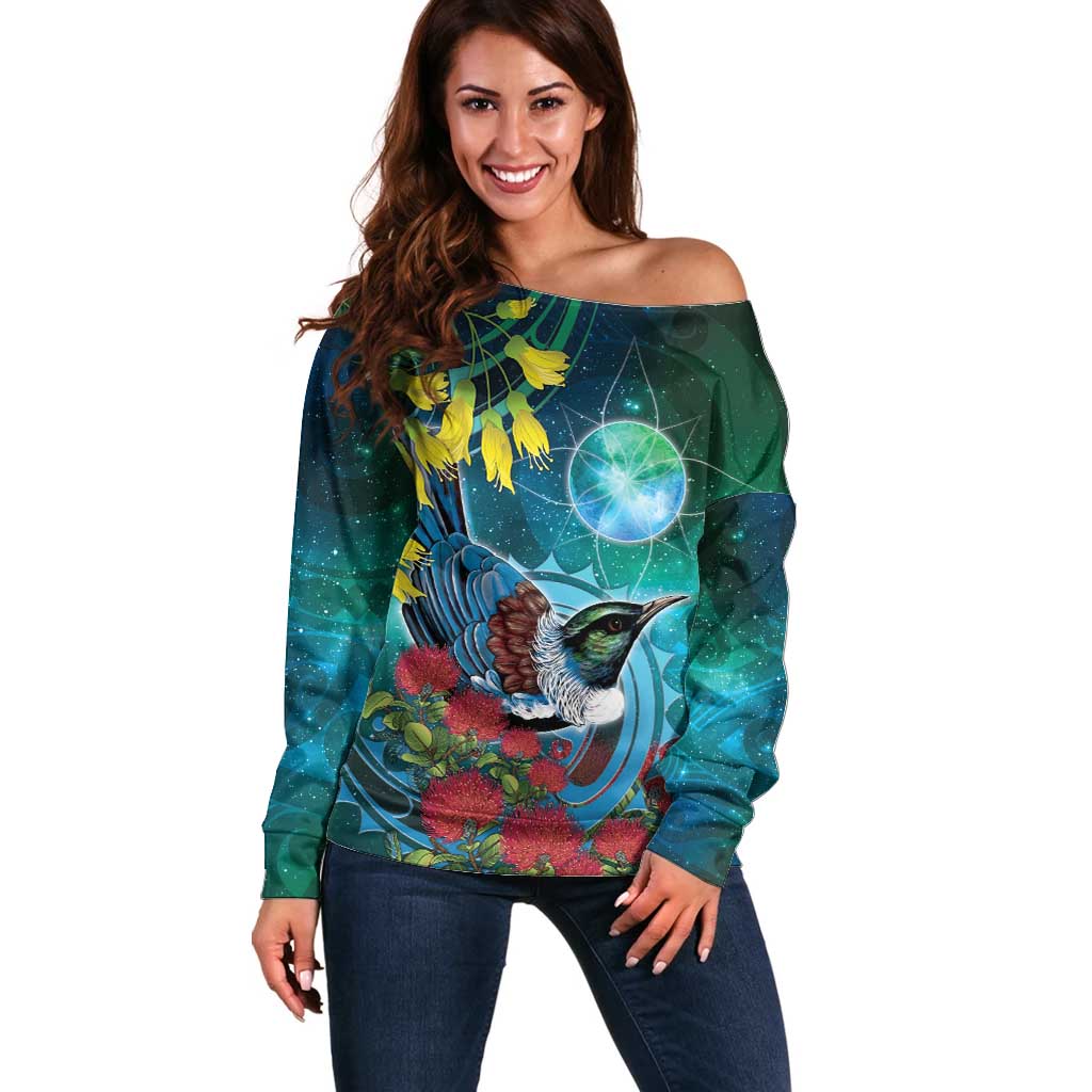New Zealand Tui Bird Off Shoulder Sweater Maori Koru With Pohutukawa Galaxy Style - Polynesian Pride
