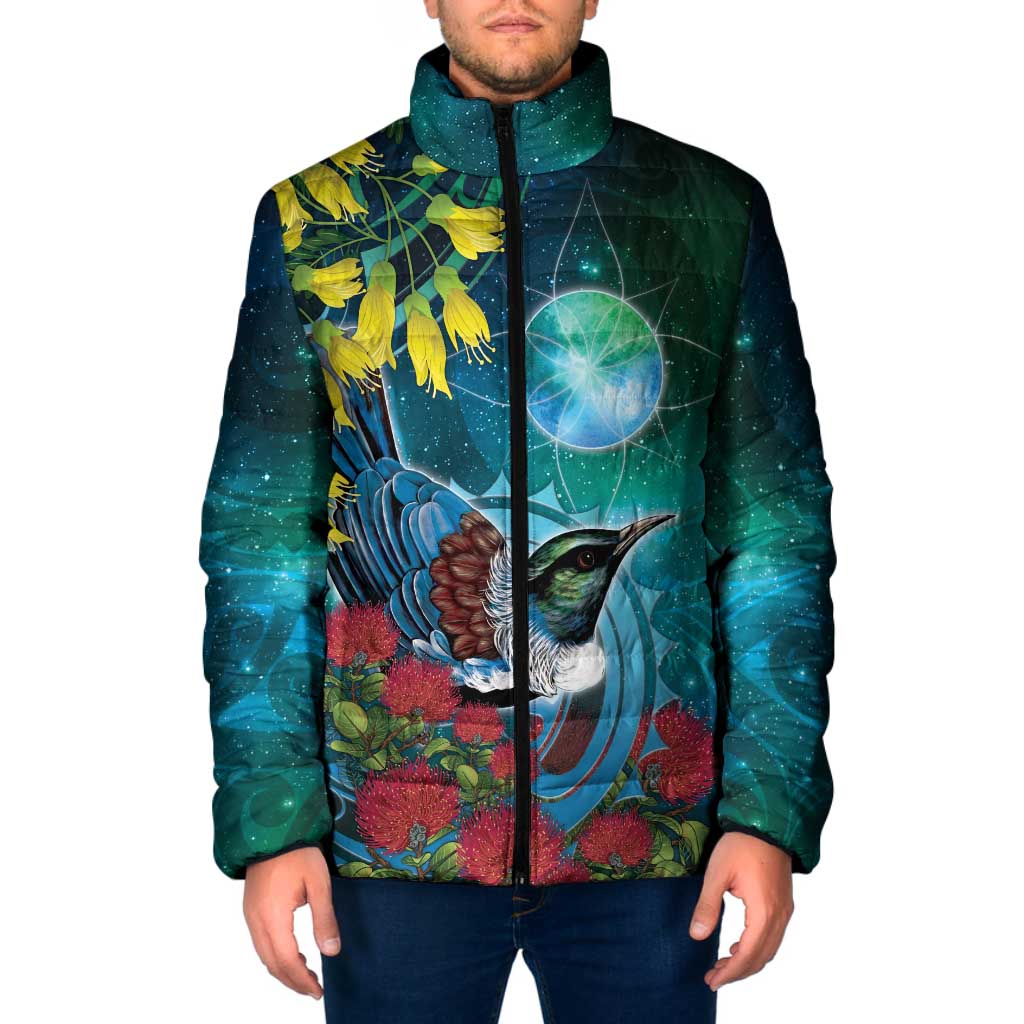 New Zealand Tui Bird Padded Jacket Maori Koru With Pohutukawa Galaxy Style - Polynesian Pride