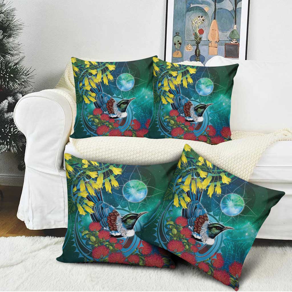 New Zealand Tui Bird Pillow Cover Maori Koru With Pohutukawa Galaxy Style - Polynesian Pride