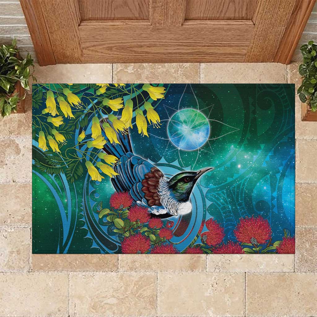 New Zealand Tui Bird Rubber Doormat Maori Koru With Pohutukawa Galaxy Style - Polynesian Pride