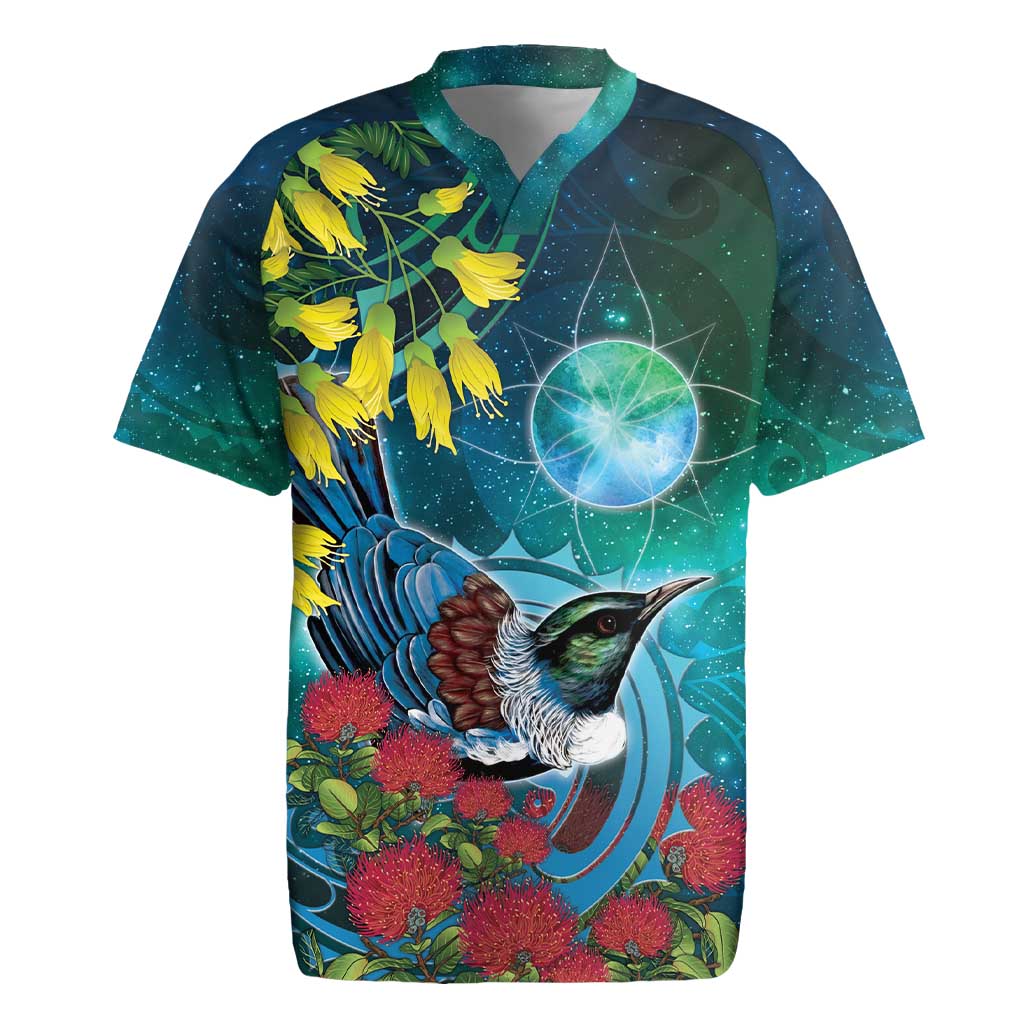 New Zealand Tui Bird Rugby Jersey Maori Koru With Pohutukawa Galaxy Style - Polynesian Pride