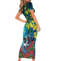 New Zealand Tui Bird Short Sleeve Bodycon Dress Maori Koru With Pohutukawa Galaxy Style - Polynesian Pride
