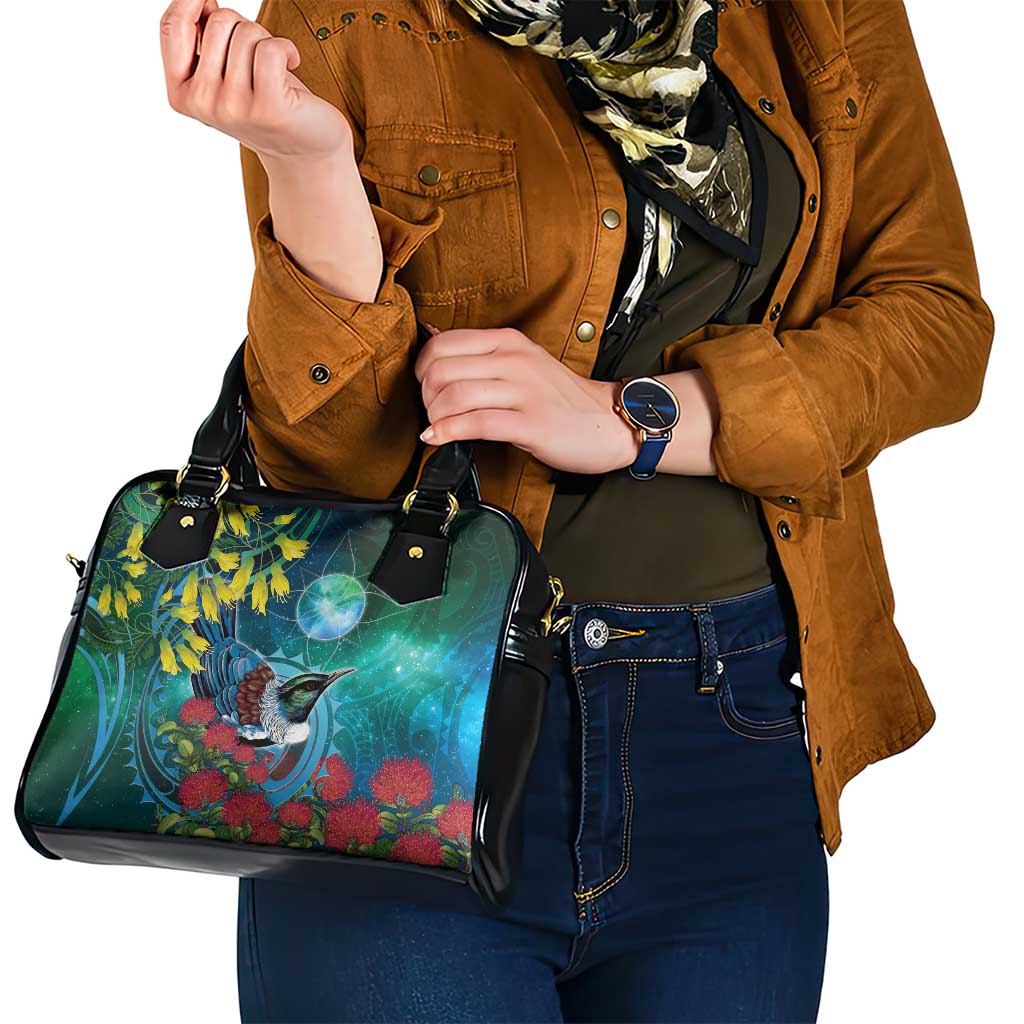 New Zealand Tui Bird Shoulder Handbag Maori Koru With Pohutukawa Galaxy Style - Polynesian Pride