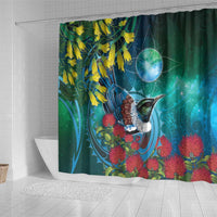 New Zealand Tui Bird Shower Curtain Maori Koru With Pohutukawa Galaxy Style - Polynesian Pride