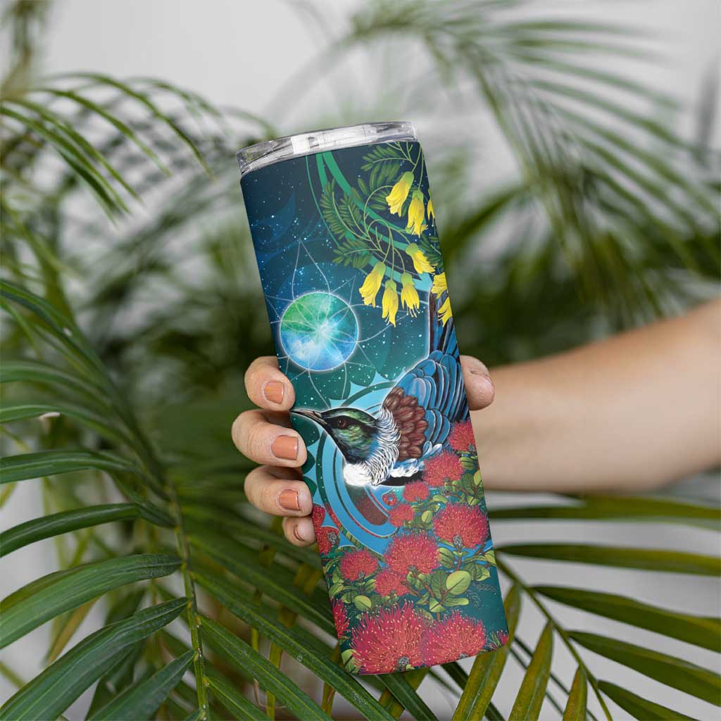 New Zealand Tui Bird Skinny Tumbler Maori Koru With Pohutukawa Galaxy Style - Polynesian Pride