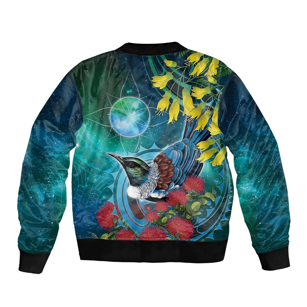 New Zealand Tui Bird Sleeve Zip Bomber Jacket Maori Koru With Pohutukawa Galaxy Style - Polynesian Pride