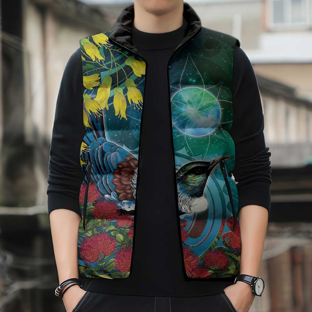 New Zealand Tui Bird Sleeveless Puffer Jacket Maori Koru With Pohutukawa Galaxy Style - Polynesian Pride