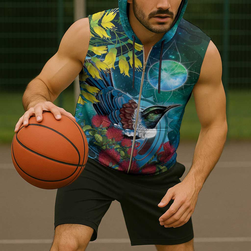 New Zealand Tui Bird Sleeveless Zip Hoodie Maori Koru With Pohutukawa Galaxy Style - Polynesian Pride