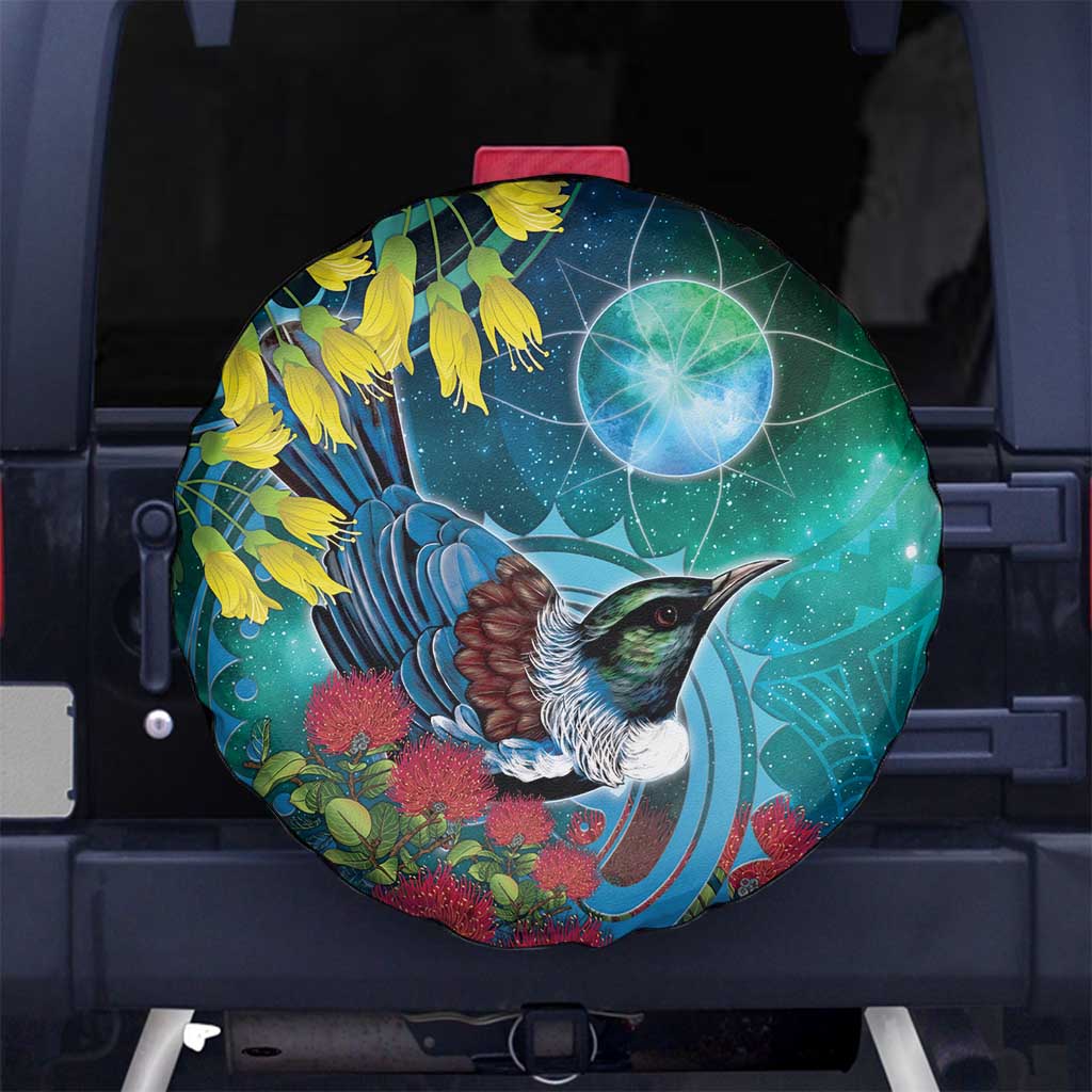 New Zealand Tui Bird Spare Tire Cover Maori Koru With Pohutukawa Galaxy Style - Polynesian Pride