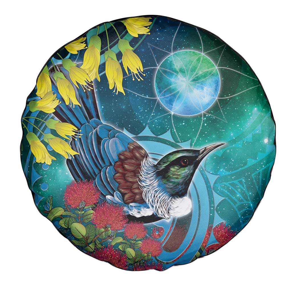 New Zealand Tui Bird Spare Tire Cover Maori Koru With Pohutukawa Galaxy Style - Polynesian Pride