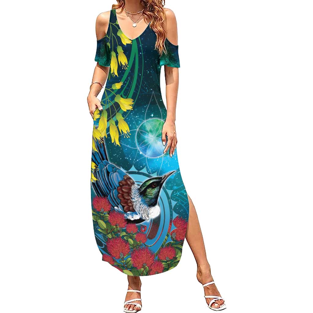 New Zealand Tui Bird Summer Maxi Dress Maori Koru With Pohutukawa Galaxy Style - Polynesian Pride
