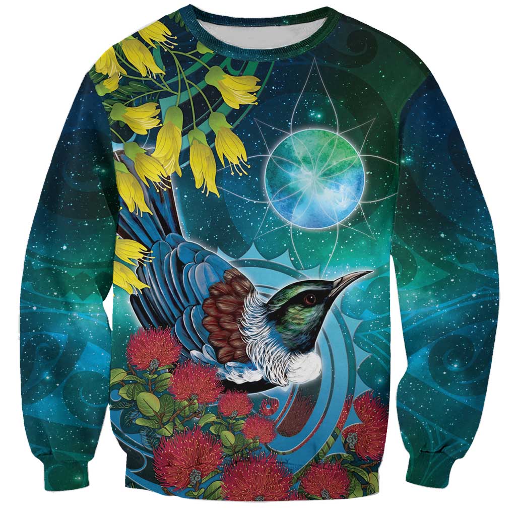 New Zealand Tui Bird Sweatshirt Maori Koru With Pohutukawa Galaxy Style - Polynesian Pride