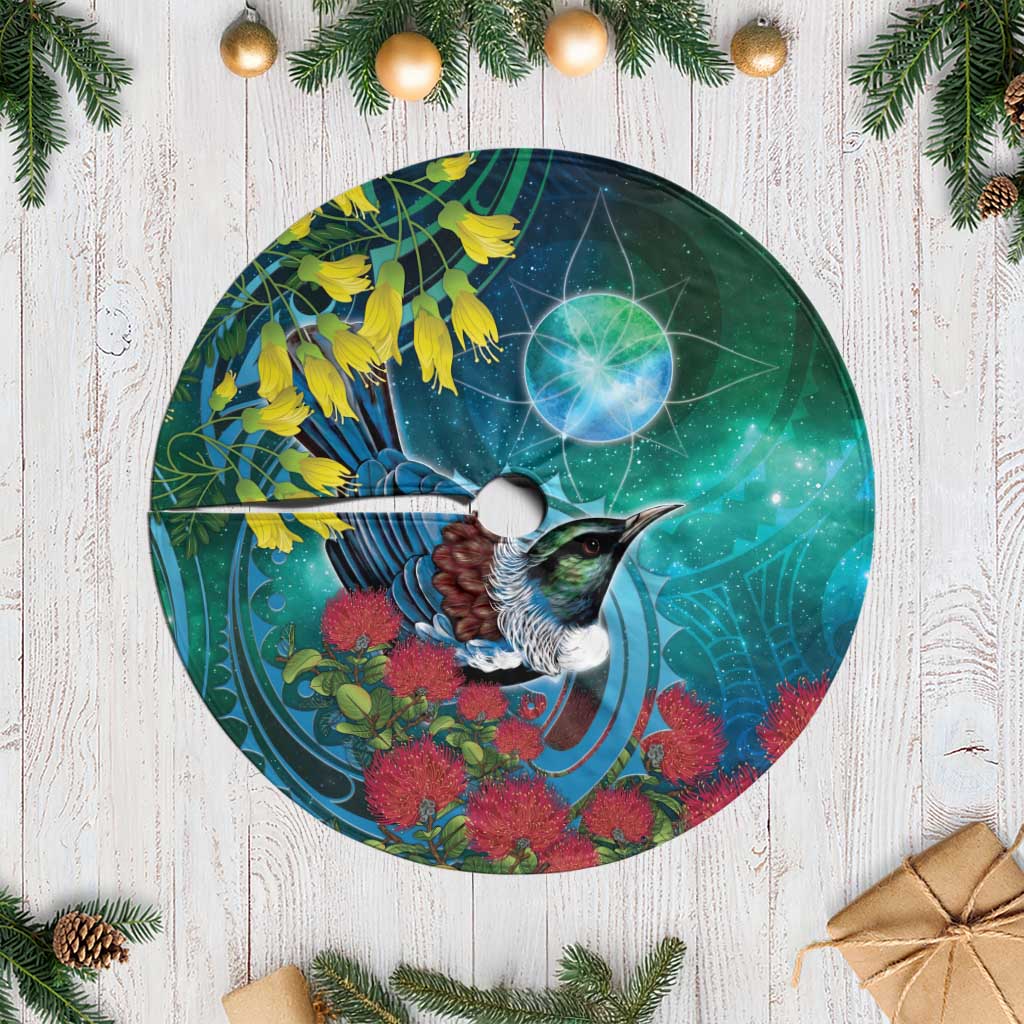 New Zealand Tui Bird Tree Skirt Maori Koru With Pohutukawa Galaxy Style - Polynesian Pride