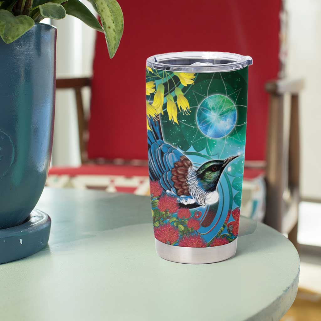 New Zealand Tui Bird Tumbler Cup Maori Koru With Pohutukawa Galaxy Style - Polynesian Pride