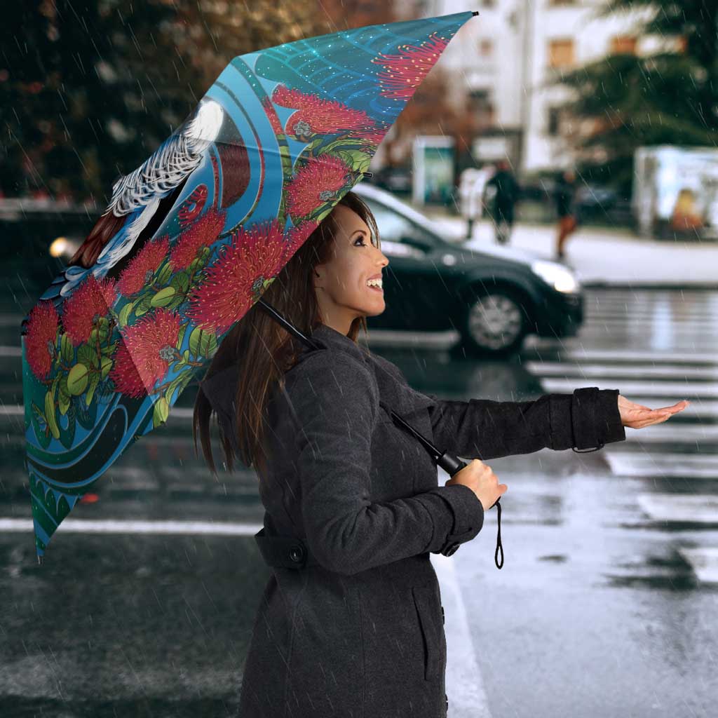 New Zealand Tui Bird Umbrella Maori Koru With Pohutukawa Galaxy Style - Polynesian Pride
