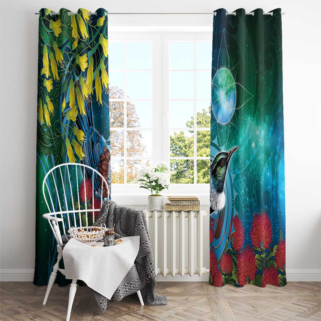 New Zealand Tui Bird Window Curtain Maori Koru With Pohutukawa Galaxy Style - Polynesian Pride