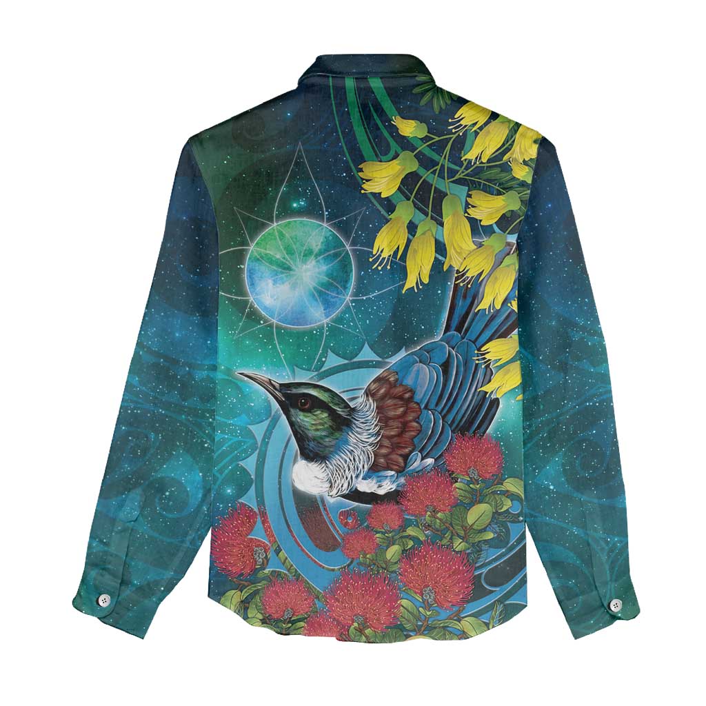 New Zealand Tui Bird Women Casual Shirt Maori Koru With Pohutukawa Galaxy Style - Polynesian Pride