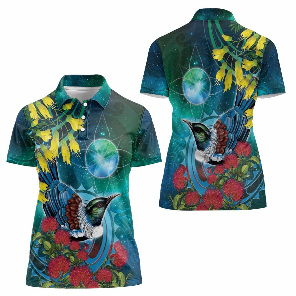 New Zealand Tui Bird Women Polo Shirt Maori Koru With Pohutukawa Galaxy Style - Polynesian Pride