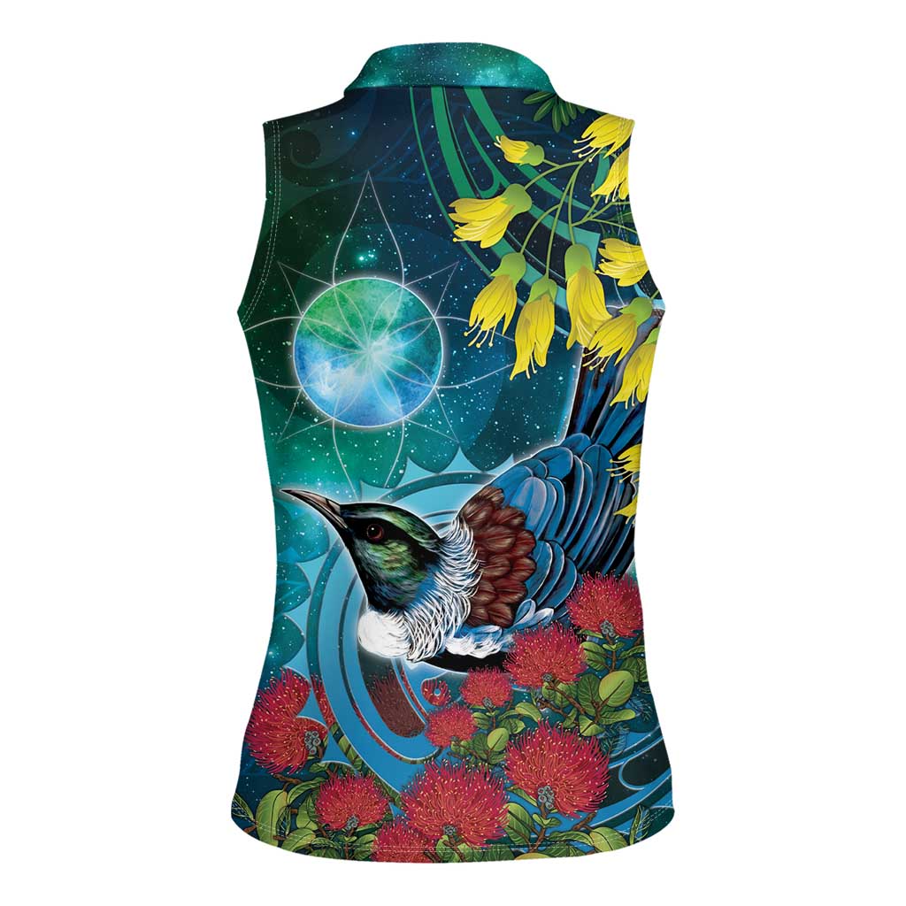 New Zealand Tui Bird Women Sleeveless Polo Shirt Maori Koru With Pohutukawa Galaxy Style - Polynesian Pride