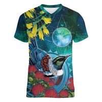 New Zealand Tui Bird Women V-Neck T-Shirt Maori Koru With Pohutukawa Galaxy Style - Polynesian Pride