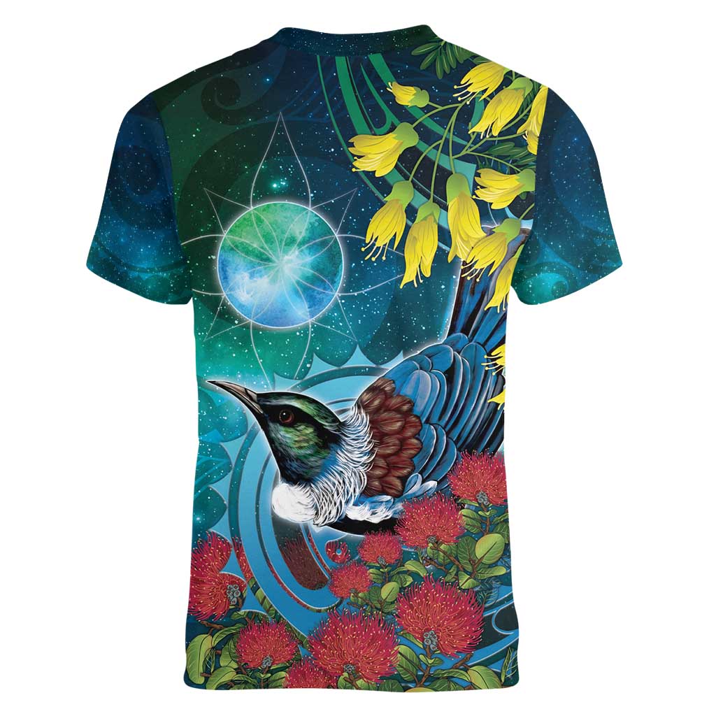 New Zealand Tui Bird Women V-Neck T-Shirt Maori Koru With Pohutukawa Galaxy Style - Polynesian Pride