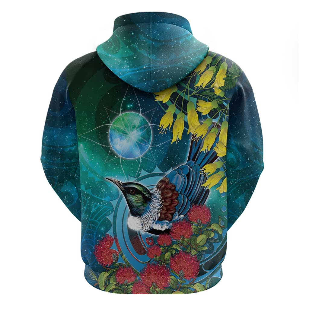 New Zealand Tui Bird Zip Hoodie Maori Koru With Pohutukawa Galaxy Style - Polynesian Pride