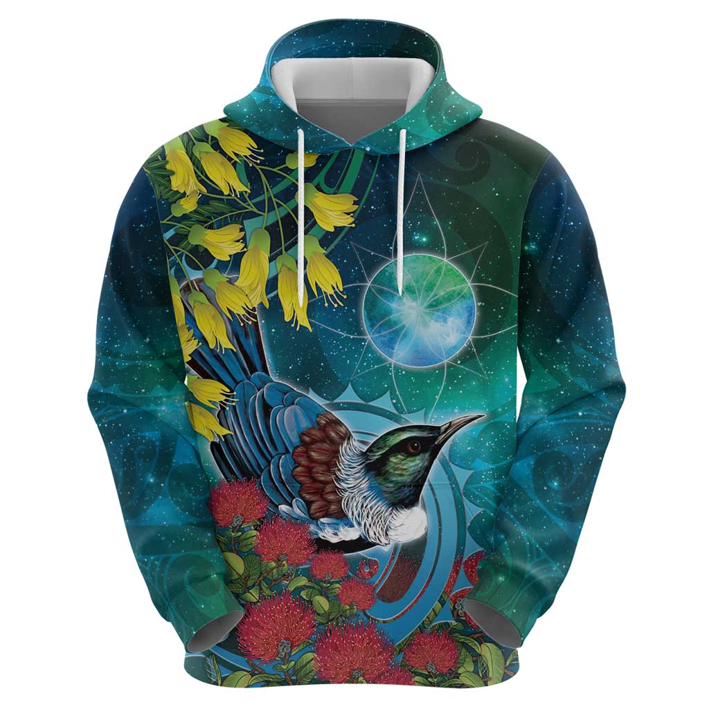 New Zealand Tui Bird Zip Hoodie Maori Koru With Pohutukawa Galaxy Style - Polynesian Pride