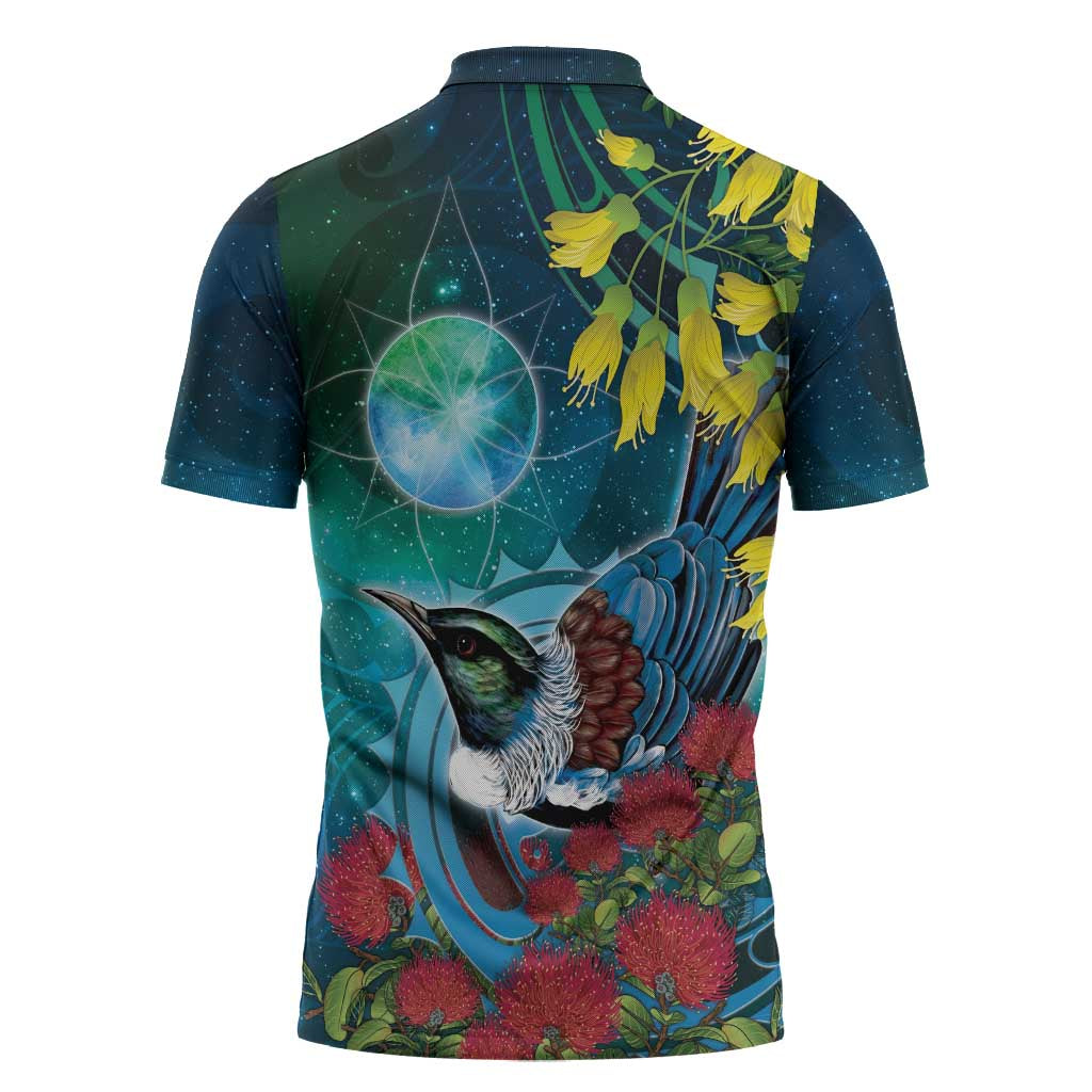 New Zealand Tui Bird Zipper Polo Shirt Maori Koru With Pohutukawa Galaxy Style - Polynesian Pride