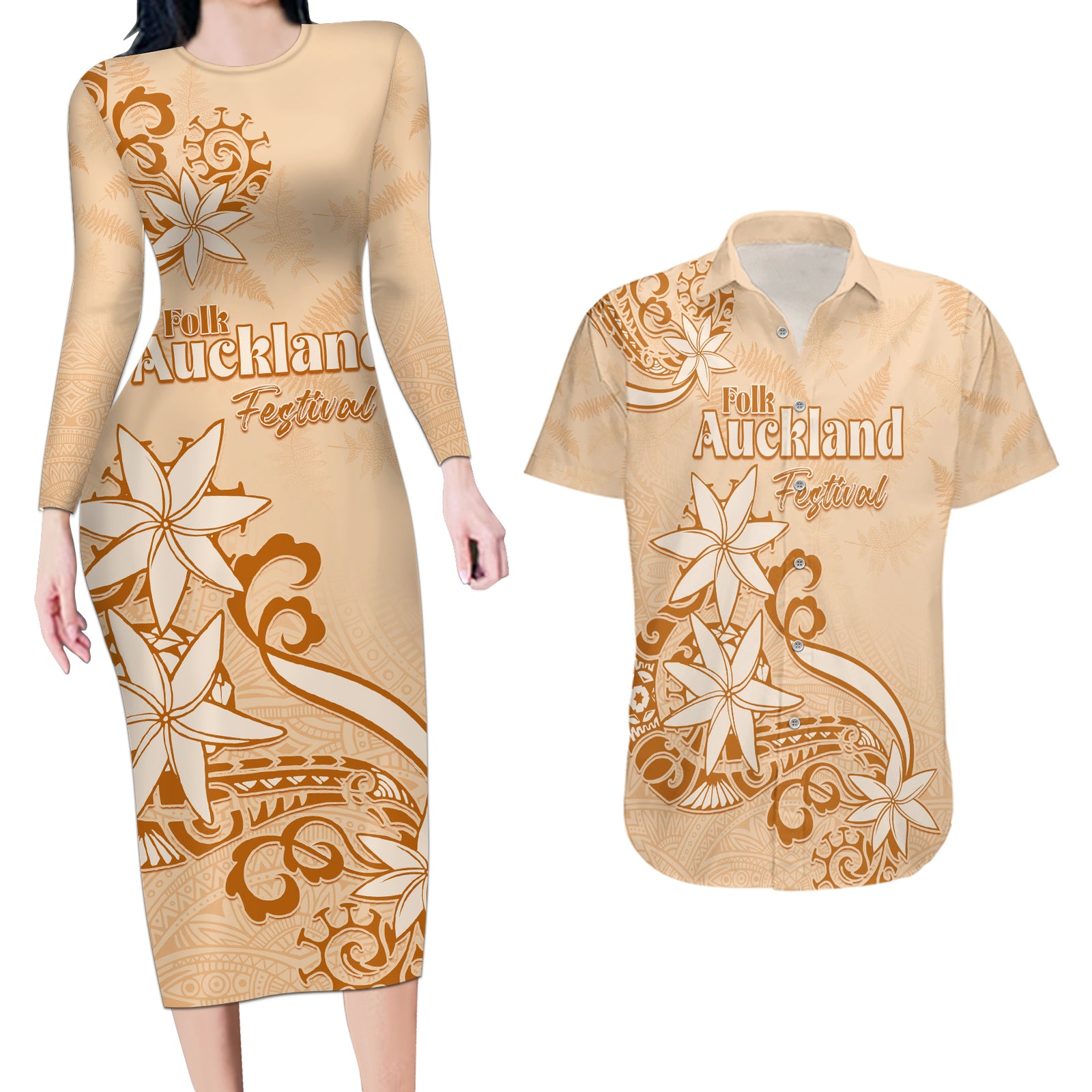 Personalised New Zealand Auckland Folk Festival Couples Matching Long Sleeve Bodycon Dress and Hawaiian Shirt Vintage Style LT05 Brown - Polynesian Pride