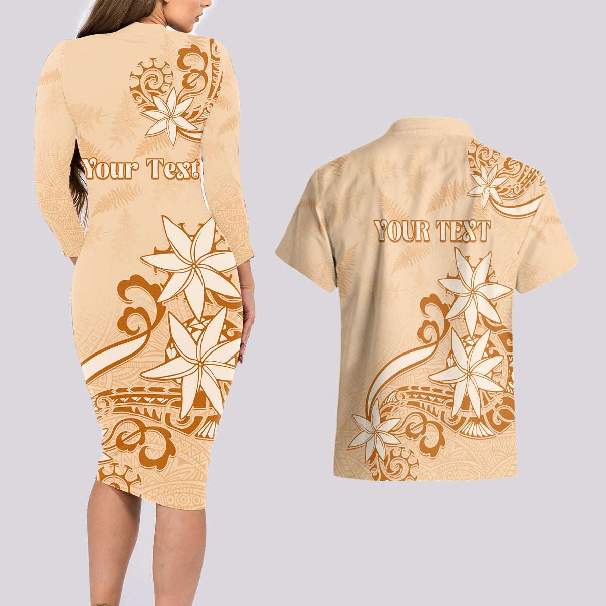 Personalised New Zealand Auckland Folk Festival Couples Matching Long Sleeve Bodycon Dress and Hawaiian Shirt Vintage Style LT05 - Polynesian Pride