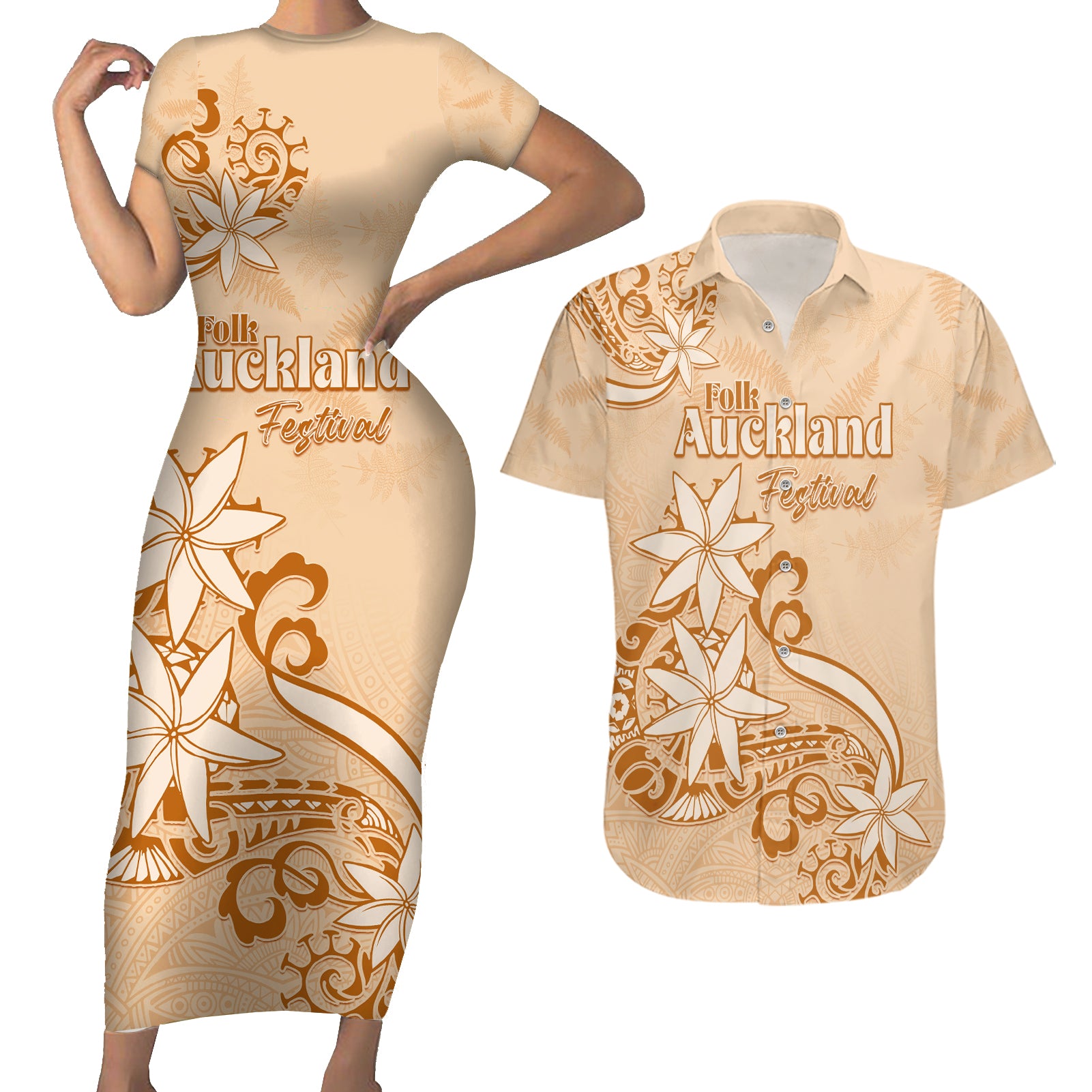 Personalised New Zealand Auckland Folk Festival Couples Matching Short Sleeve Bodycon Dress and Hawaiian Shirt Vintage Style LT05 Brown - Polynesian Pride