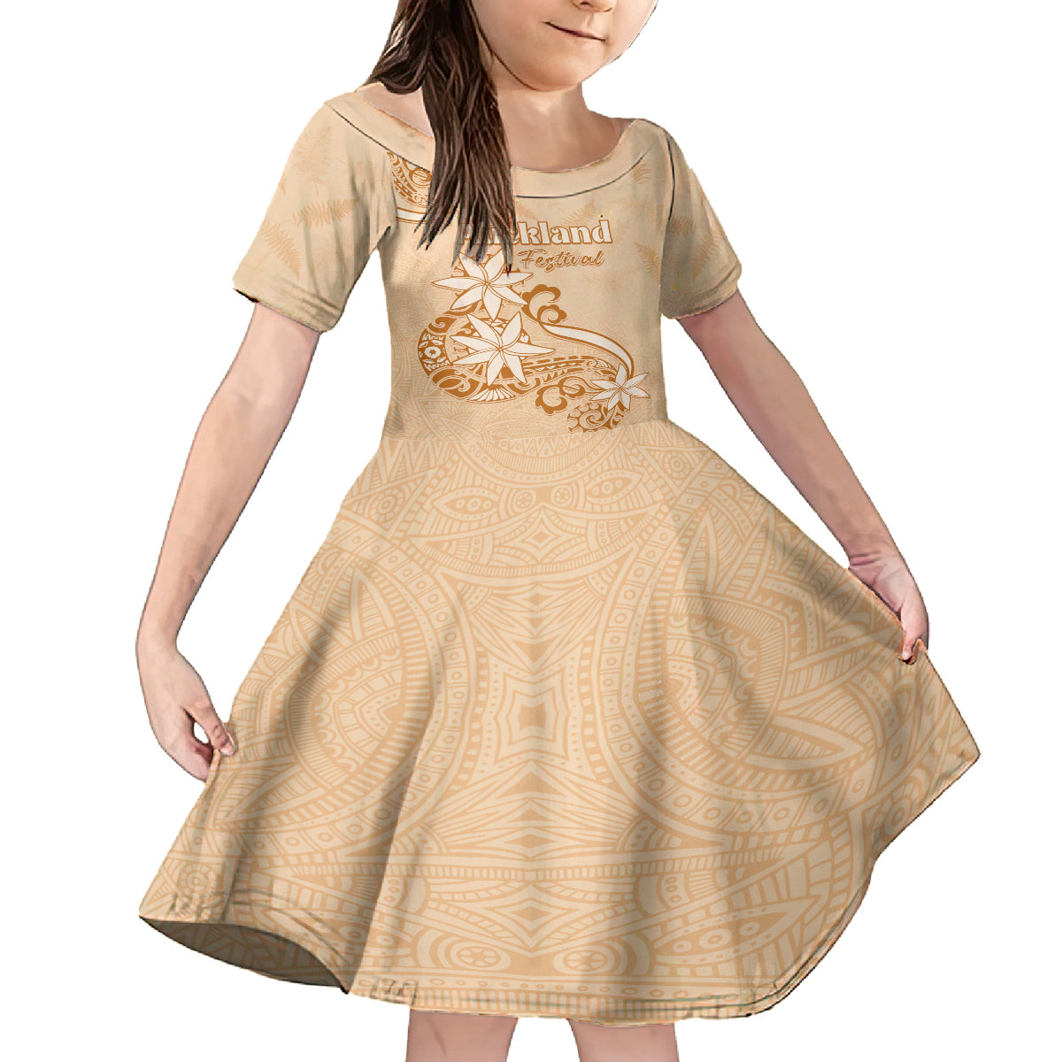 Personalised New Zealand Auckland Folk Festival Family Matching Off Shoulder Long Sleeve Dress and Hawaiian Shirt Vintage Style LT05 Daughter's Dress Brown - Polynesian Pride