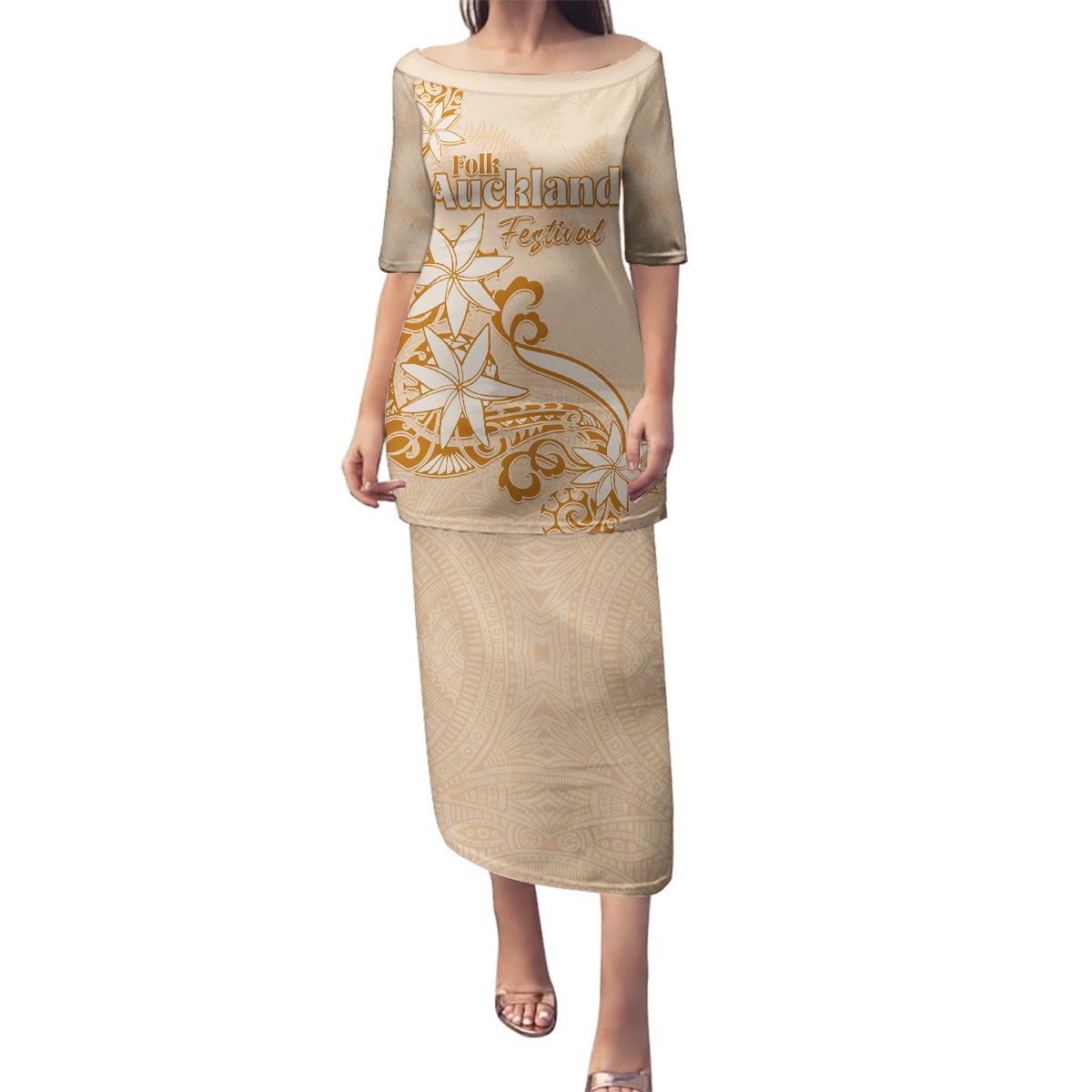 Personalised New Zealand Auckland Folk Festival Family Matching Puletasi Dress and Hawaiian Shirt Vintage Style LT05 Mom's Dress Brown - Polynesian Pride
