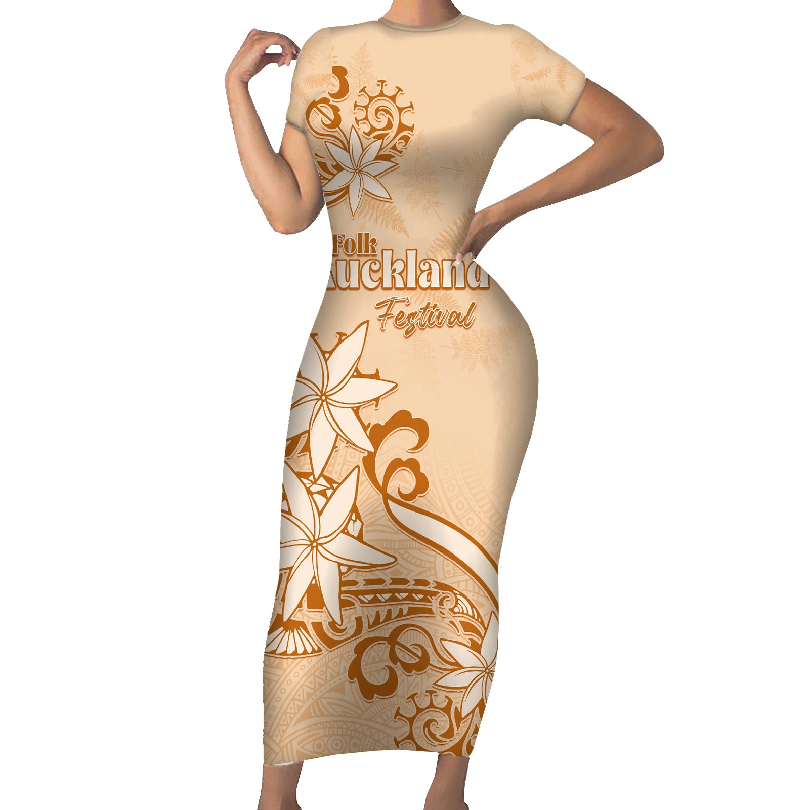 Personalised New Zealand Auckland Folk Festival Short Sleeve Bodycon Dress Vintage Style LT05 Long Dress Brown - Polynesian Pride
