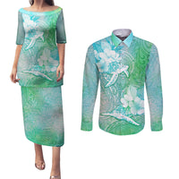 Couple Sea Turtle One Love One Heart Couples Matching Puletasi Dress and Long Sleeve Button Shirt LT05 Aqua - Polynesian Pride
