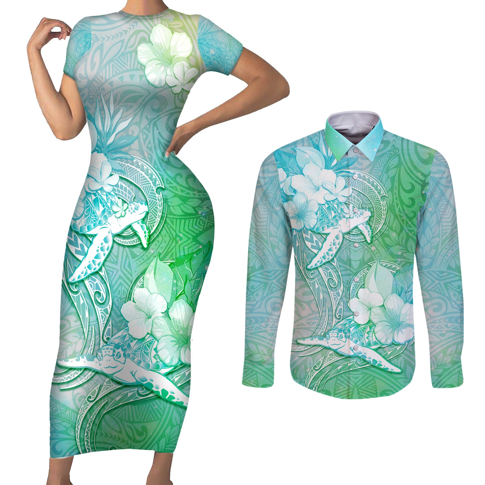 Couple Sea Turtle One Love One Heart Couples Matching Short Sleeve Bodycon Dress and Long Sleeve Button Shirt LT05 Aqua - Polynesian Pride