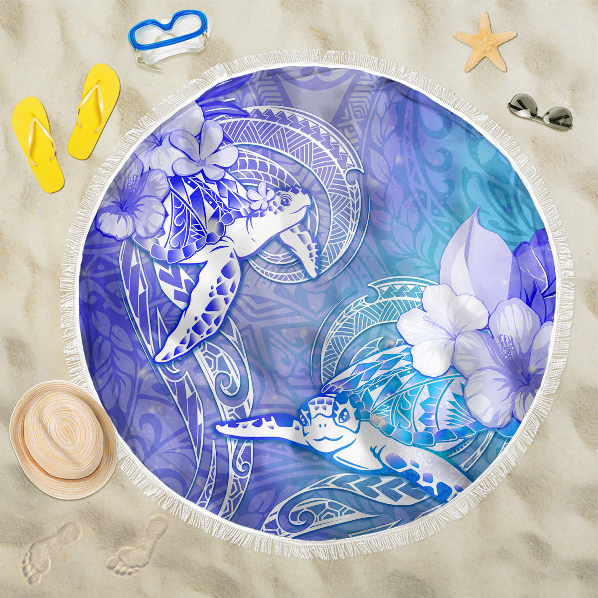 Couple Blue Sea Turtle Heart Love Beach Blanket LT05 One Size 150cm Blue - Polynesian Pride