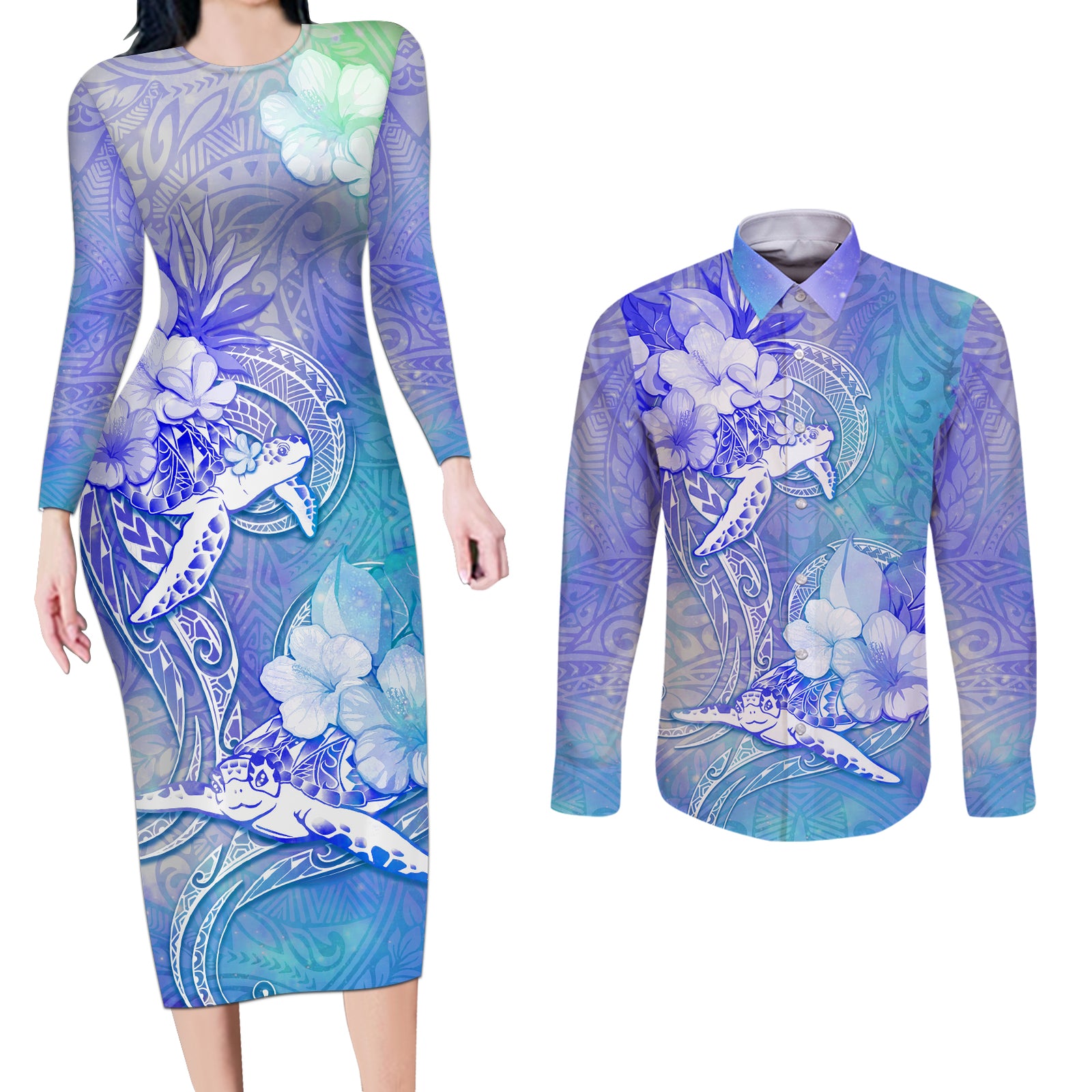 Couple Blue Sea Turtle Heart Love Couples Matching Long Sleeve Bodycon Dress and Long Sleeve Button Shirt LT05 Blue - Polynesian Pride