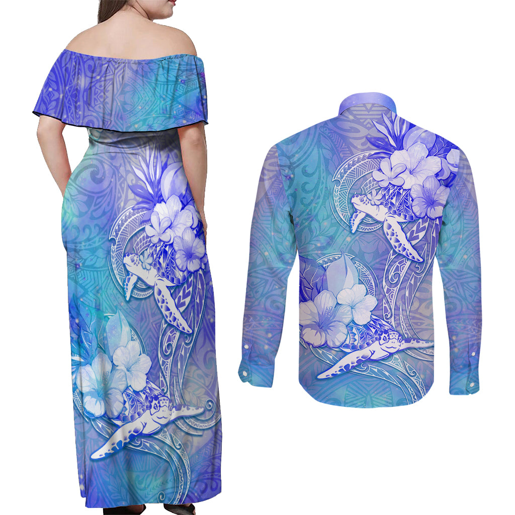 Couple Blue Sea Turtle Heart Love Couples Matching Off Shoulder Maxi Dress and Long Sleeve Button Shirt LT05 - Polynesian Pride