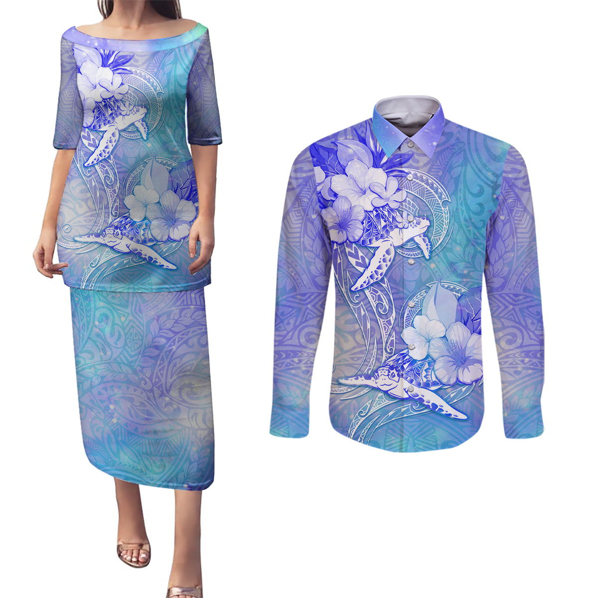 Couple Blue Sea Turtle Heart Love Couples Matching Puletasi Dress and Long Sleeve Button Shirt LT05 Blue - Polynesian Pride