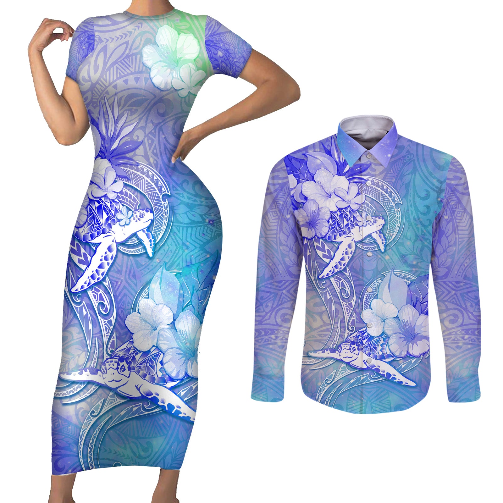 Couple Blue Sea Turtle Heart Love Couples Matching Short Sleeve Bodycon Dress and Long Sleeve Button Shirt LT05 Blue - Polynesian Pride