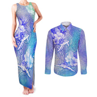 Couple Blue Sea Turtle Heart Love Couples Matching Tank Maxi Dress and Long Sleeve Button Shirt LT05 Blue - Polynesian Pride