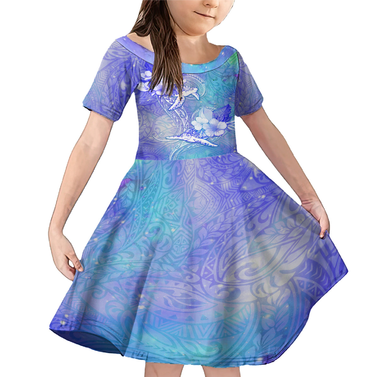 Couple Blue Sea Turtle Heart Love Family Matching Mermaid Dress and Hawaiian Shirt LT05 Daughter's Dress Blue - Polynesian Pride