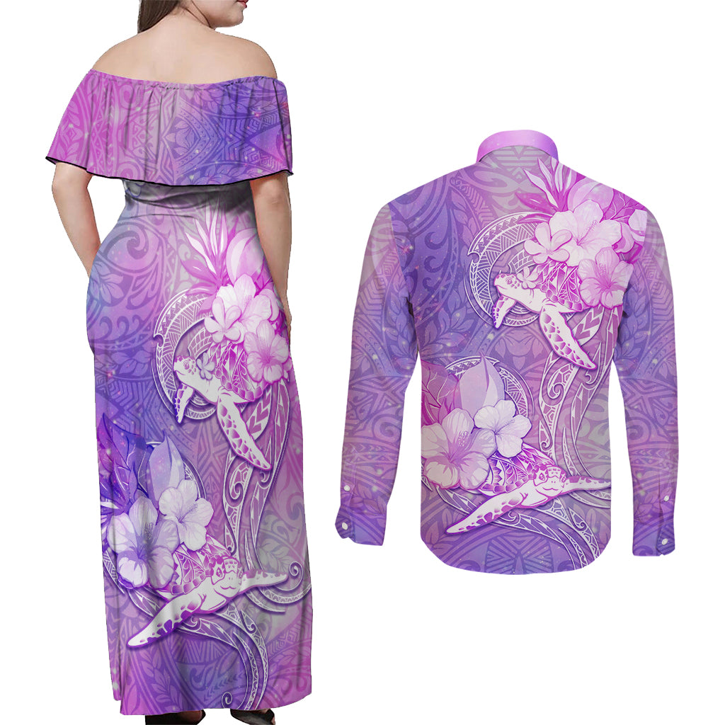 Couple Sea Turtle Love Give Us A Fairytale Couples Matching Off Shoulder Maxi Dress and Long Sleeve Button Shirt LT05 - Polynesian Pride