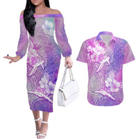 Couple Sea Turtle Love Give Us A Fairytale Couples Matching Off The Shoulder Long Sleeve Dress and Hawaiian Shirt LT05 Pink - Polynesian Pride