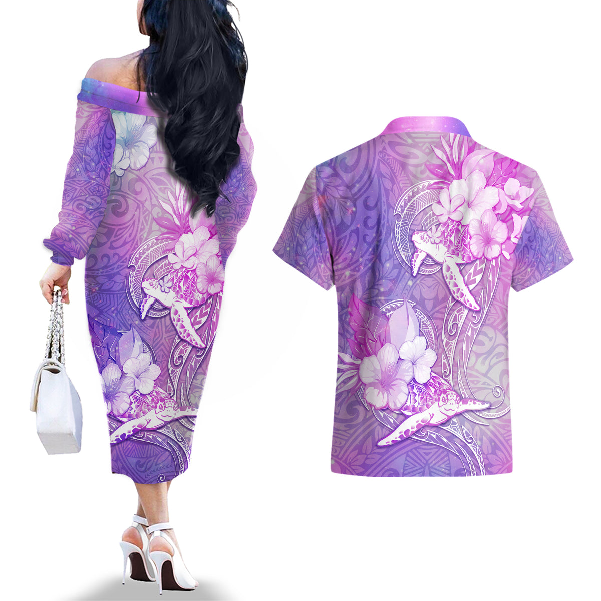 Couple Sea Turtle Love Give Us A Fairytale Couples Matching Off The Shoulder Long Sleeve Dress and Hawaiian Shirt LT05 - Polynesian Pride