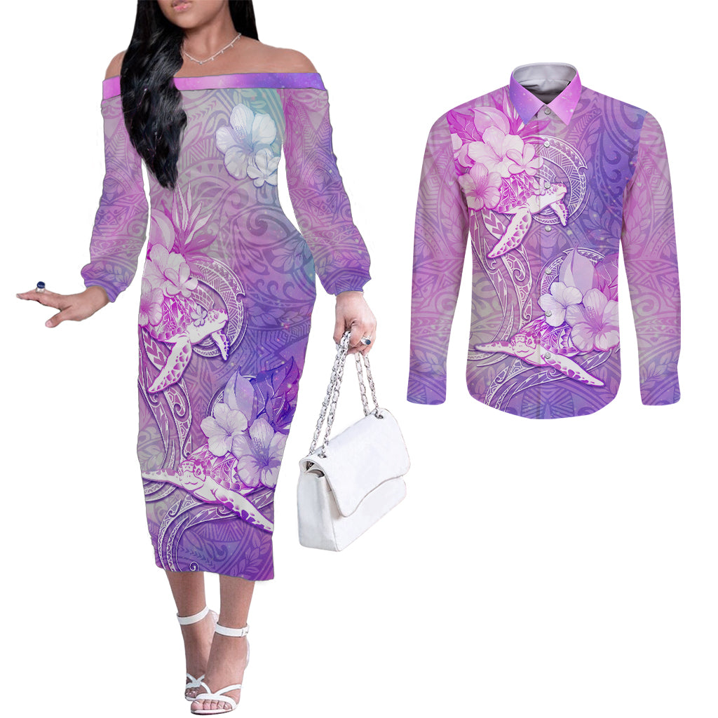 Couple Sea Turtle Love Give Us A Fairytale Couples Matching Off The Shoulder Long Sleeve Dress and Long Sleeve Button Shirt LT05 Pink - Polynesian Pride