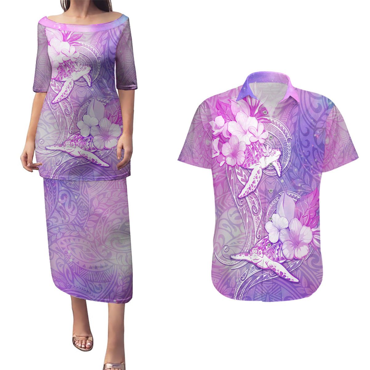 Couple Sea Turtle Love Give Us A Fairytale Couples Matching Puletasi Dress and Hawaiian Shirt LT05 Pink - Polynesian Pride