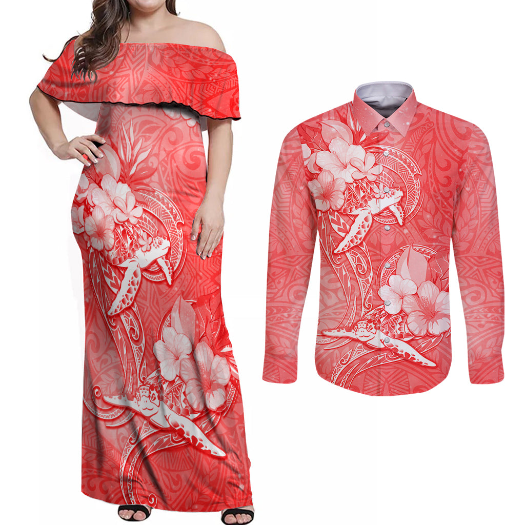 Polynesia Sea Turtle Couple Couples Matching Off Shoulder Maxi Dress and Long Sleeve Button Shirt Happy Valentine Day Red LT05 Red - Polynesian Pride
