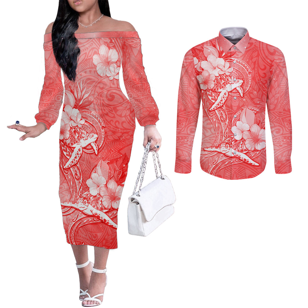 Polynesia Sea Turtle Couple Couples Matching Off The Shoulder Long Sleeve Dress and Long Sleeve Button Shirt Happy Valentine Day Red LT05 Red - Polynesian Pride